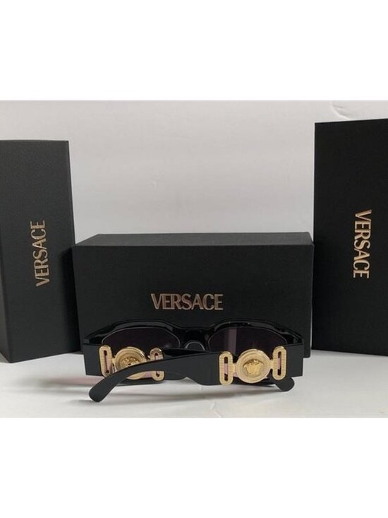 New Versace Women’s Black Frame Sunglasses with Pink Lenses and Gold Accents